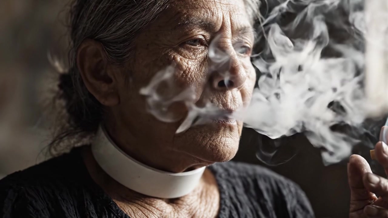 Un retrato de reflexión: una mujer mayor contempla la vida a través del humo, capturando resiliencia y sabiduría en un momento de soledad.