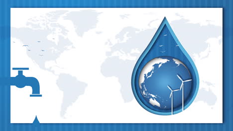 water faucet with dripping water. drop of water with blue planet earth rotating. looped animation in the style of 3d cut paper. banner world water day.