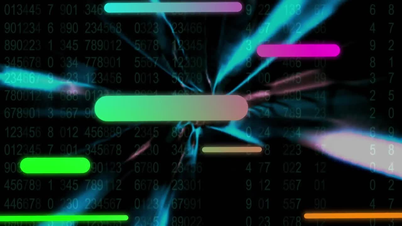Animation of multicolored bars over abstract pattern against changing numbers on black background