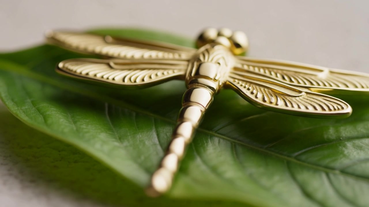 Messa a fuoco, la fotocamera rivela un ornamento a forma di libellula dorata su una foglia verde, mostrando le ali incise