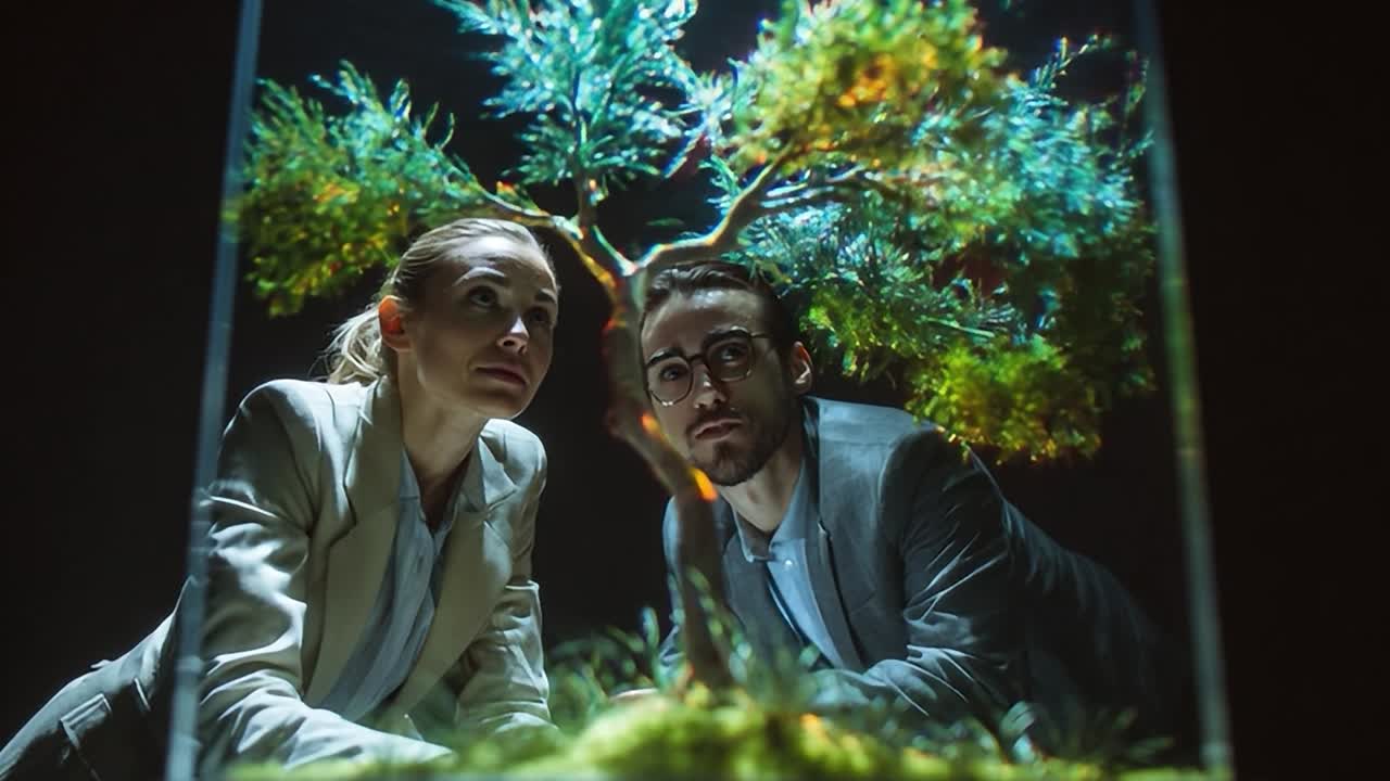 Coppia che esplora un albero in miniatura in un’innovativa esposizione notturna