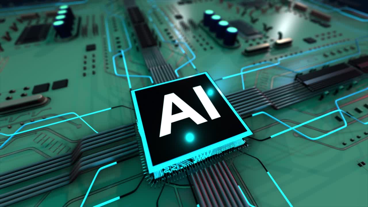 3d render ai tecnología de inteligencia artificial cpu unidad central de procesador chipset en la placa de circuitos impresos para electrónica.