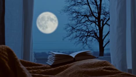 open book resting on soft blanket near window, illuminating moonlit night with bare tree silhouetted against full moon's gentle radiance, creating tranquil, contemplative bedroom scene