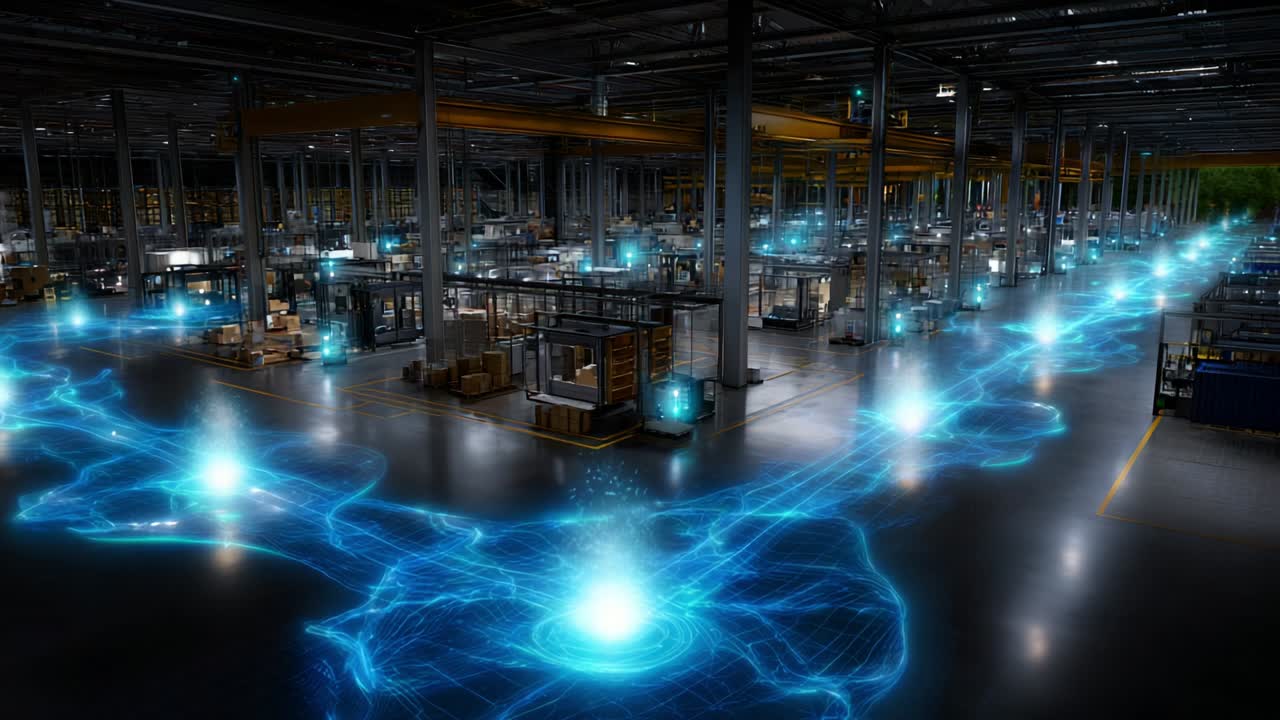 Futuristic Warehouse Environment Showcasing Advanced Technology and Dynamic Visuals Featuring a Light Beam Path in a Modern Industrial Setting Illuminated by Digital Effects