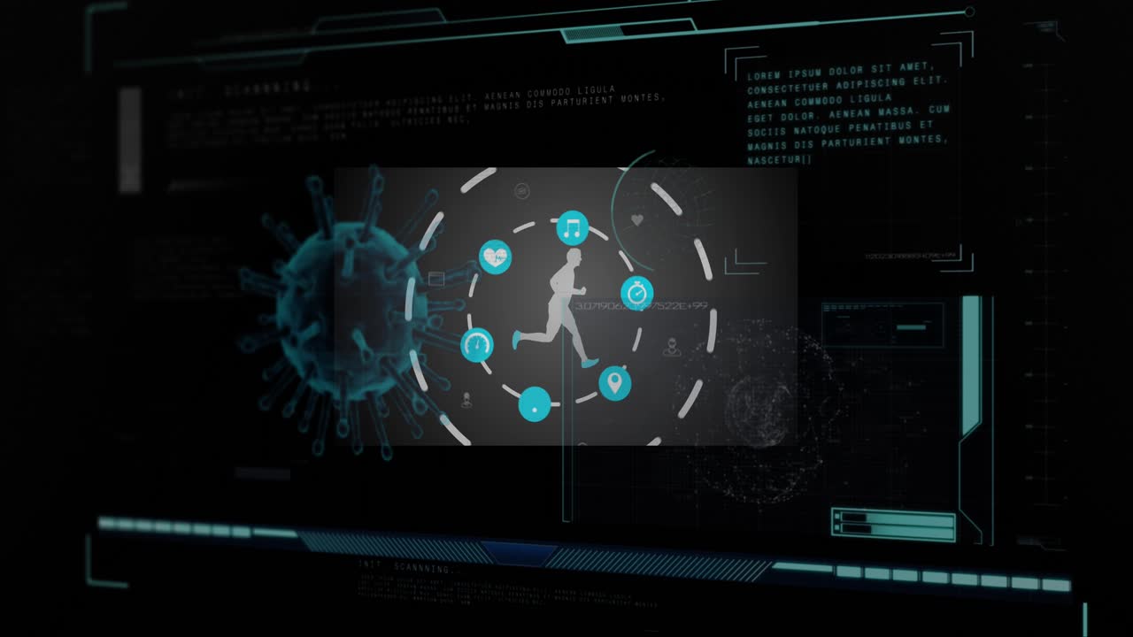 Digital animation of interface with data processing against black background