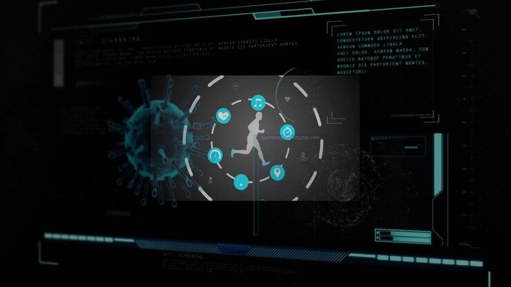 Digital animation of interface with data processing against black background