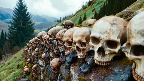 skulls on a wall in the mountains