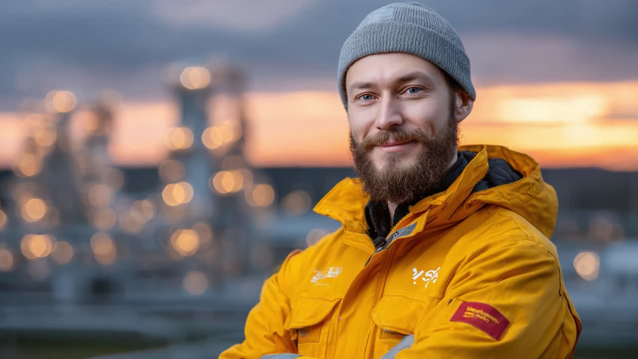 Een zelfverzekerde werknemer in een felgeel jack staat tegen een kleurrijke zonsondergang, en toont vastberadenheid en trots op hun beroep te midden van een vage industriële omgeving