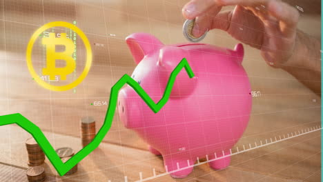 bitcoin symbol and green graph moving against person putting coin in piggy.