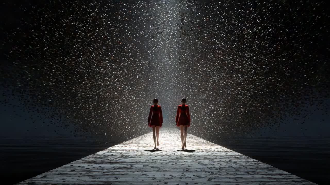 Two figures clad in vibrant red stand on a wooden path, surrounded by mesmerizing particles illuminated by a beam of light, creating a surreal and enchanting atmosphere