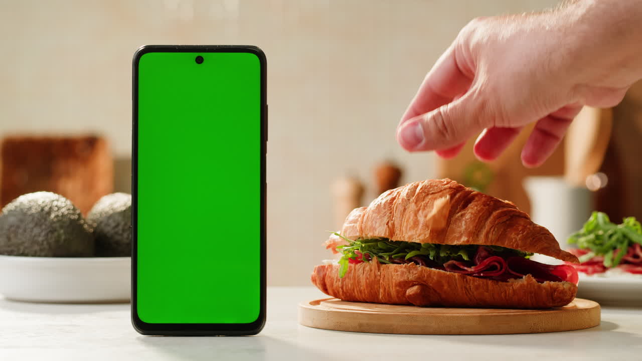 Hand Reaching for Croissant Sandwich with Green Screen Smartphone