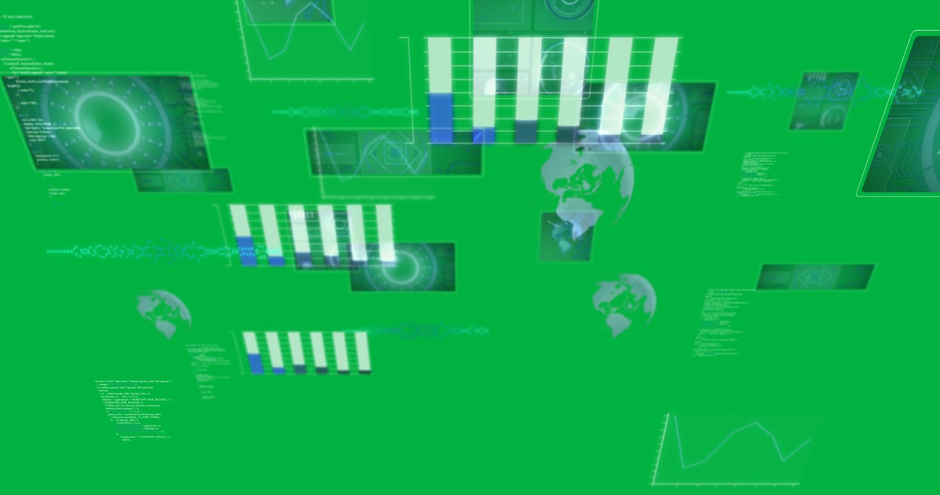 Digital animation of digital interface with data processing against black background