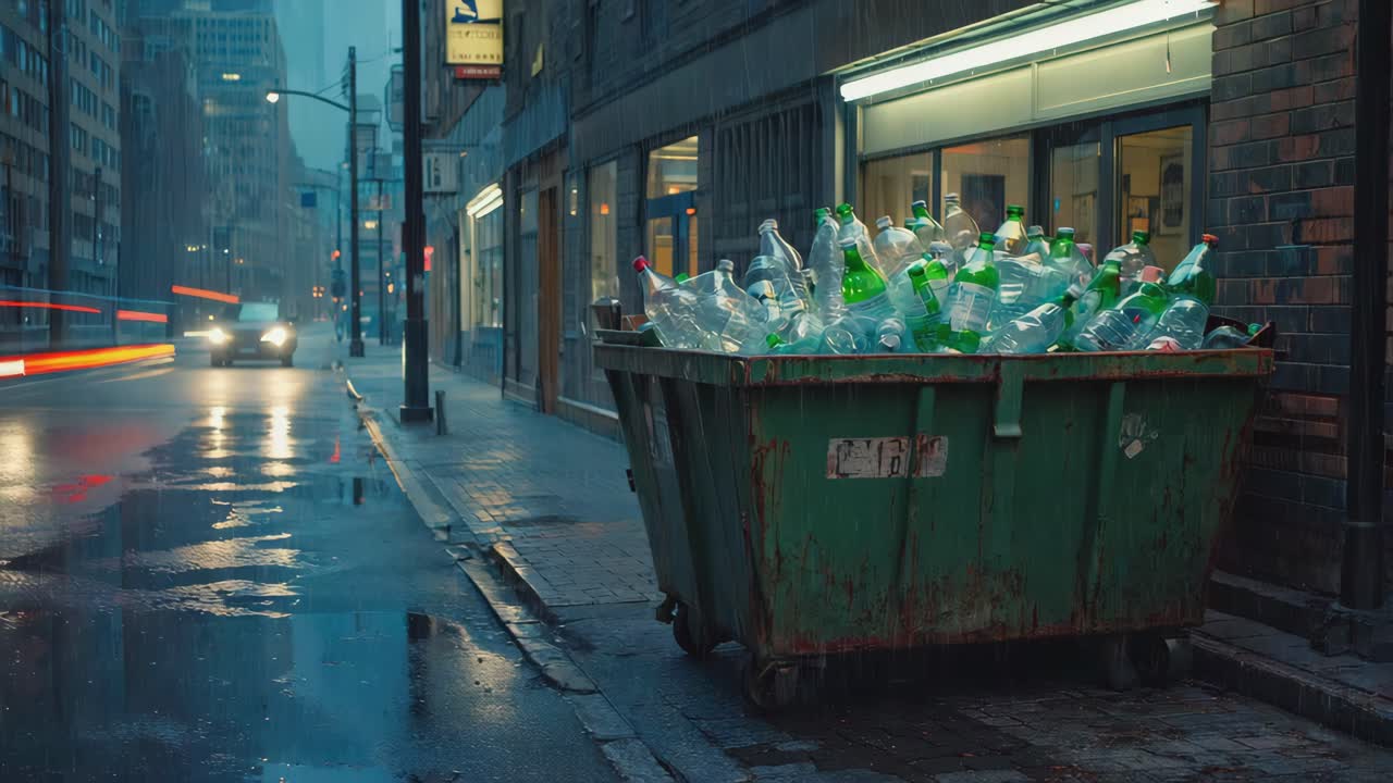 Cassonetto straripante di bottiglie di plastica su una strada cittadina