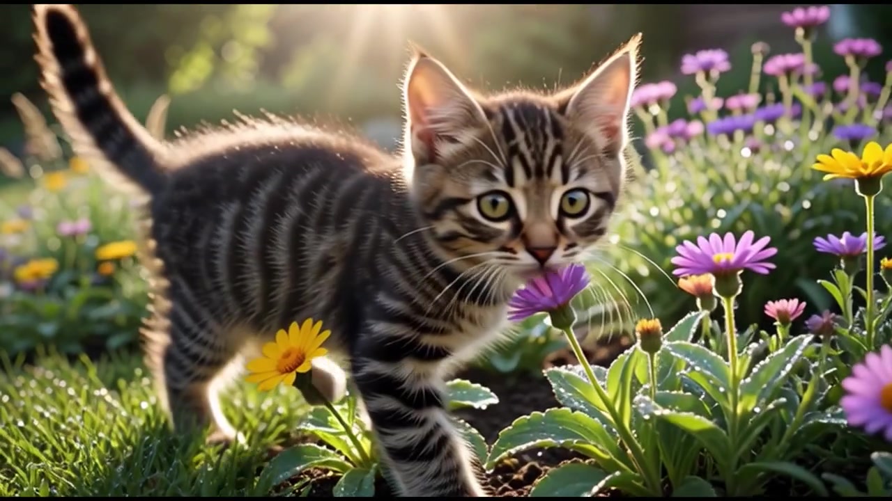Gattino soriano carino che cammina in un giardino fiorito soleggiato