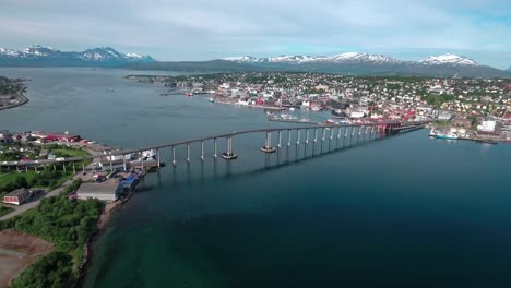 Bridge-of-city-Tromso,-Norway-Aerial-footage