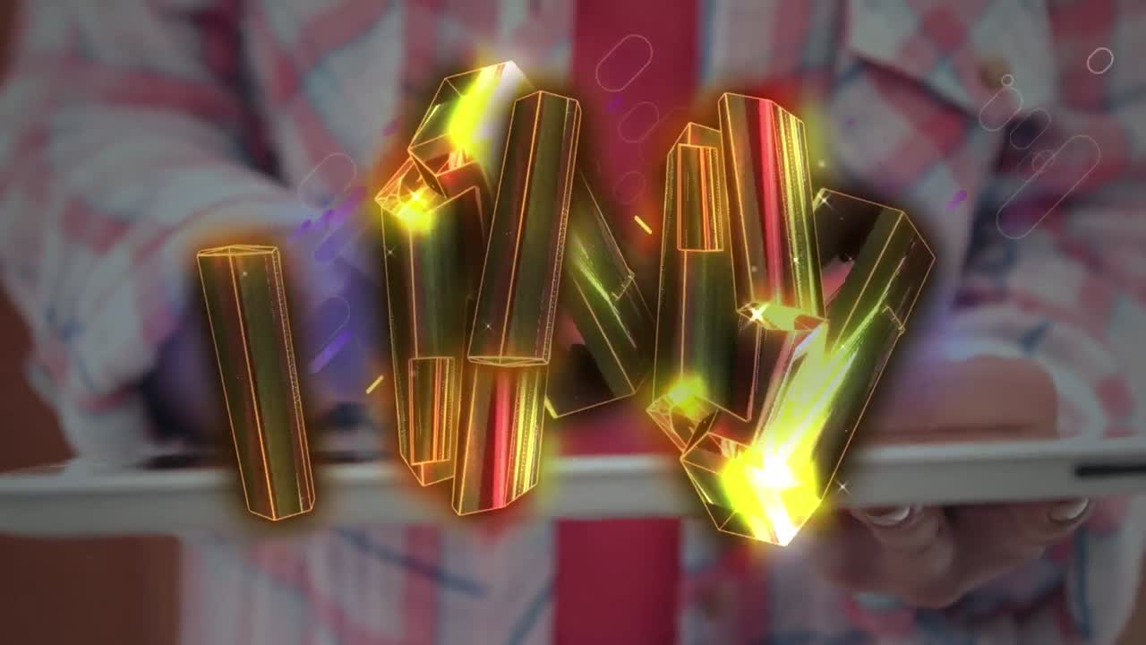 animación de formas brillantes en 3d sobre el hombre con el uso de la tableta