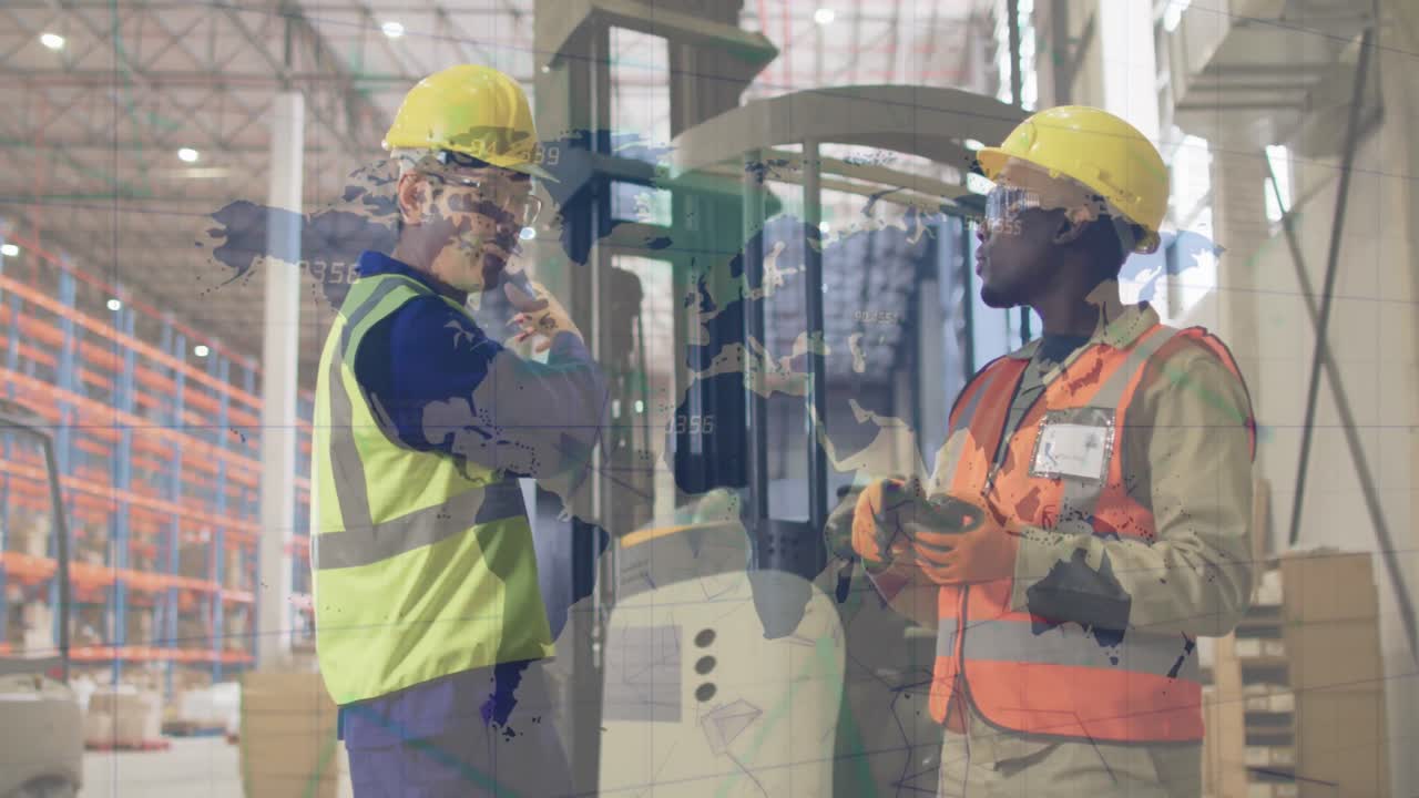 Animation of financial data processing over diverse people working in warehouse