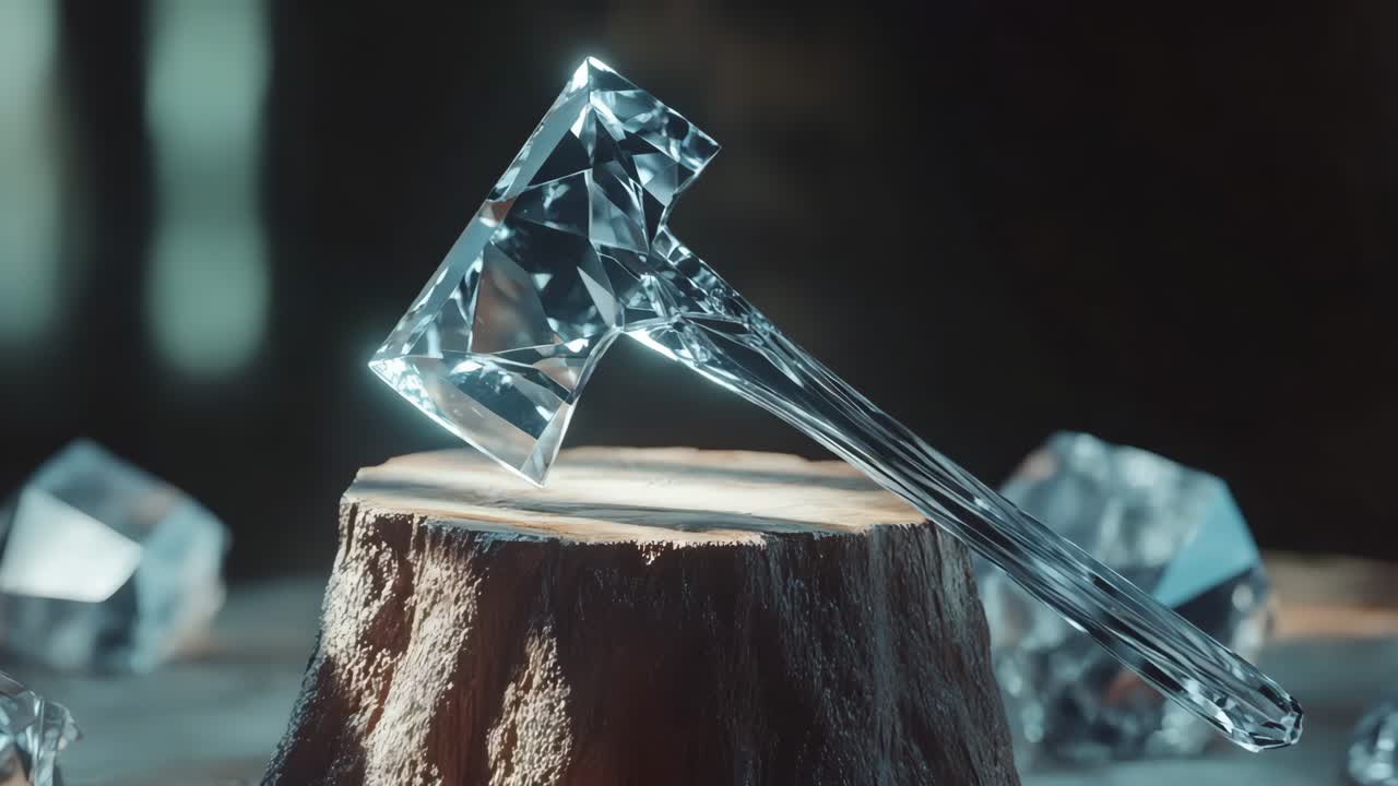 Crystal Axe on a Wooden Stump