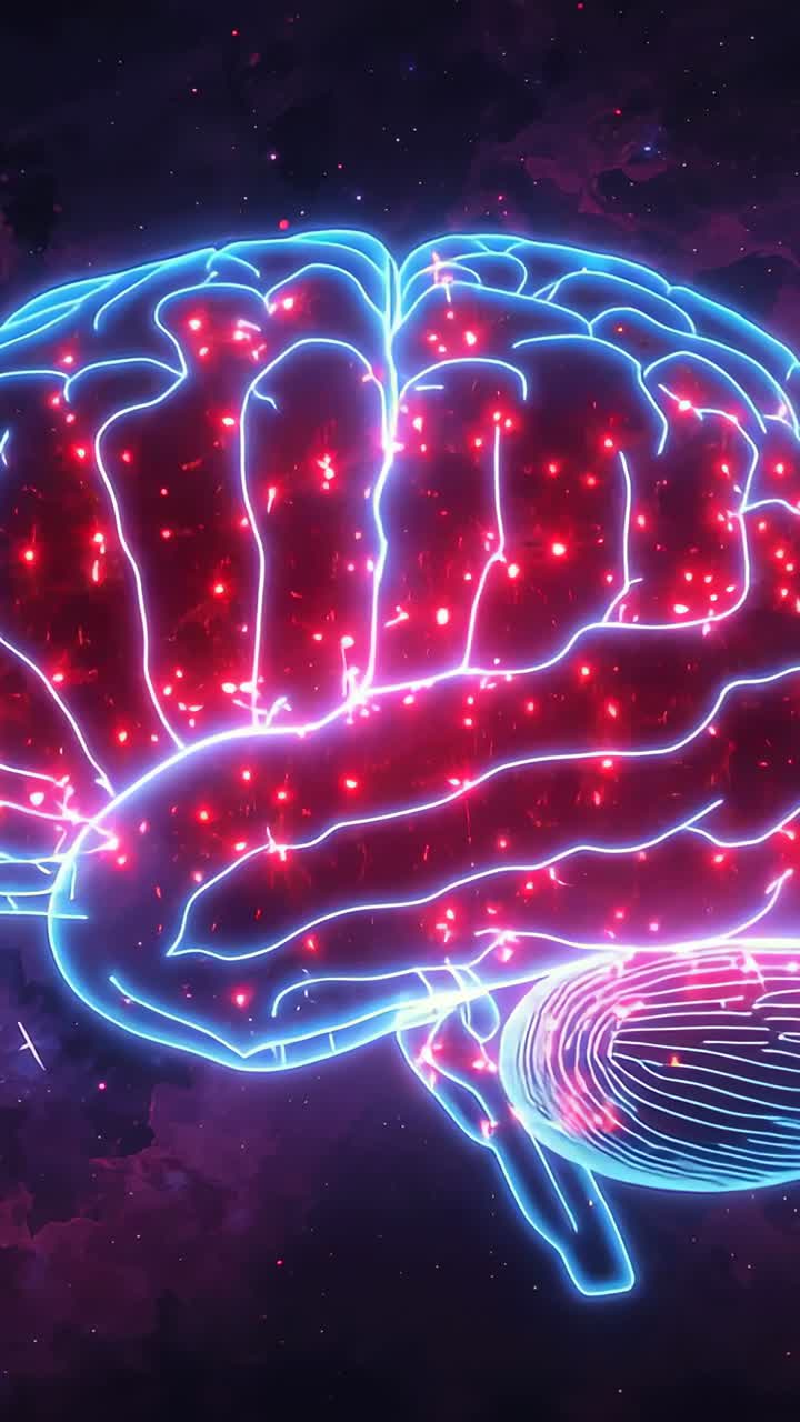 Vertical video: Animating brain pulsing red nodes lighting cortex paths, showing activity in space