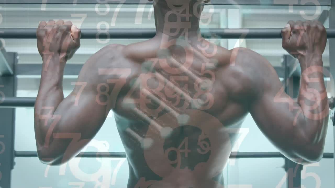 animación de la interfaz digital con cadena de adn giratoria y procesamiento de datos sobre el deportista