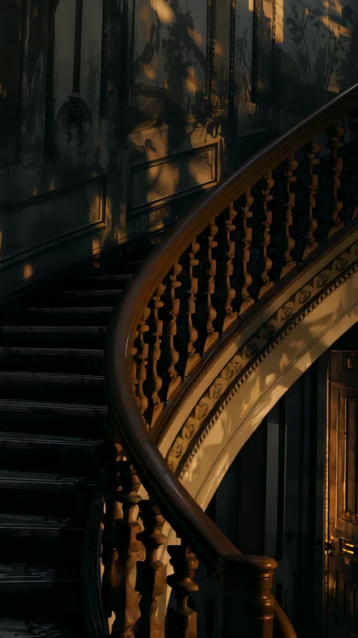 Vertical video: Light shifting causing camera panning down staircase in hall with dust, copy space