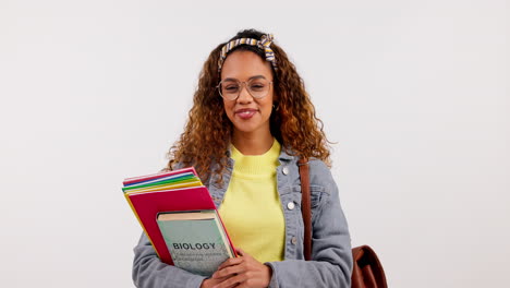 Student-woman,-books-and-face-in-studio