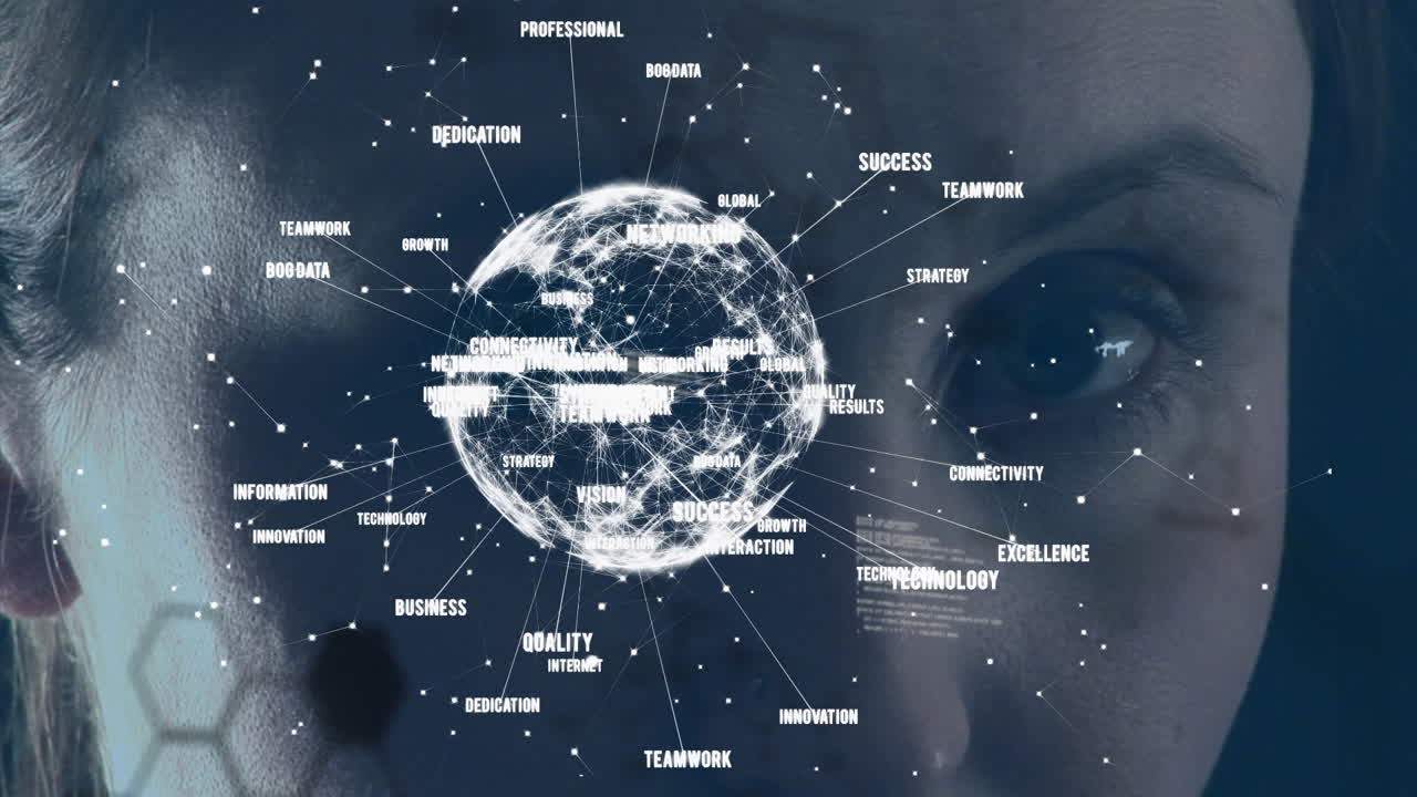 백인 여성의 눈에 대한 지구의 애니메이션과 데이터 처리