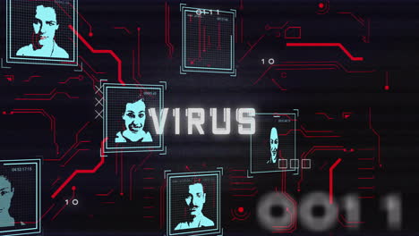 animation of data processing and people icons over virus text