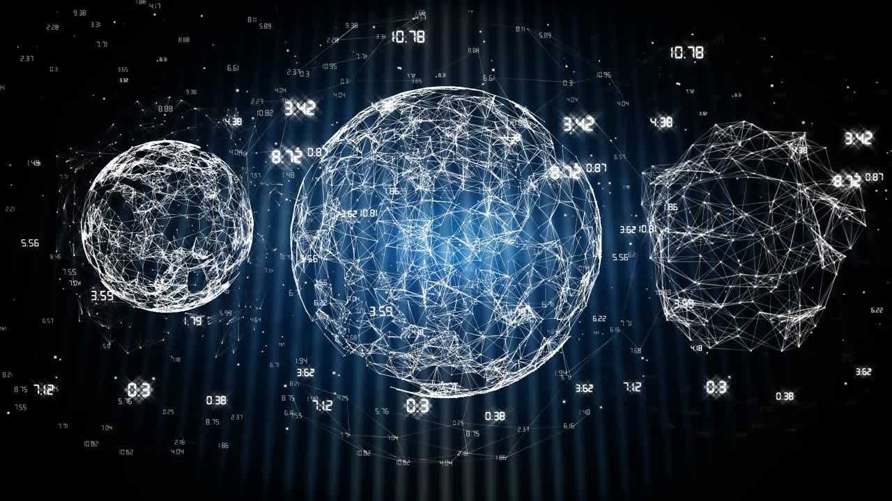 Animation of globes with network of connections over numbers