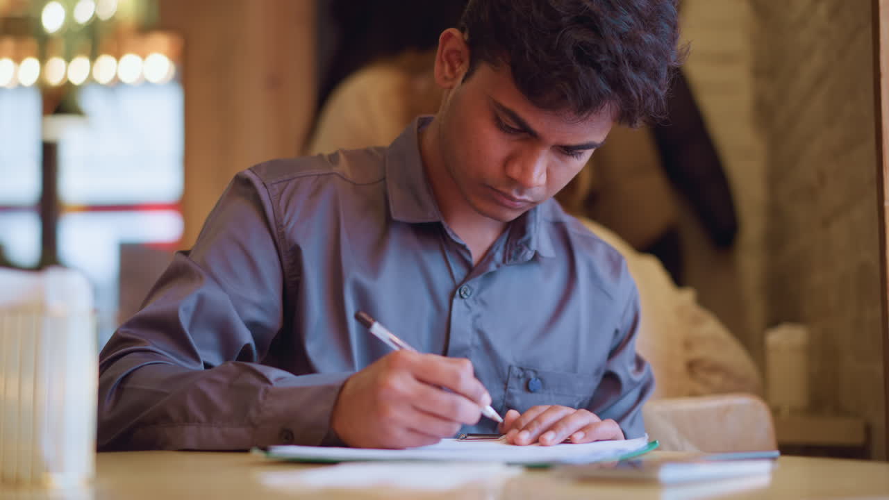 Young man wearing gray shirt intensely focused on sketching architectural illustration on clipboard while sitting at wooden cafe table, surrounded by cozy decor, showing creativity, dedication, and concentration