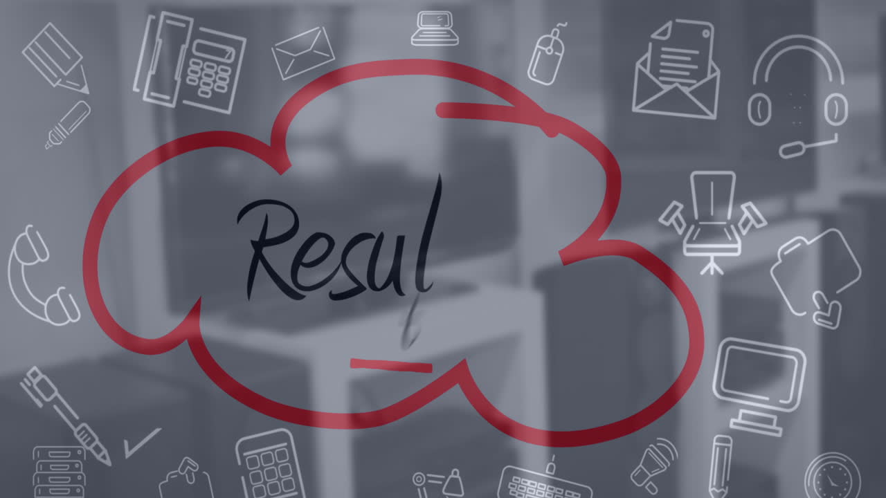 Animation of businessman's hand wiriting results text on glassboard with business concept icons