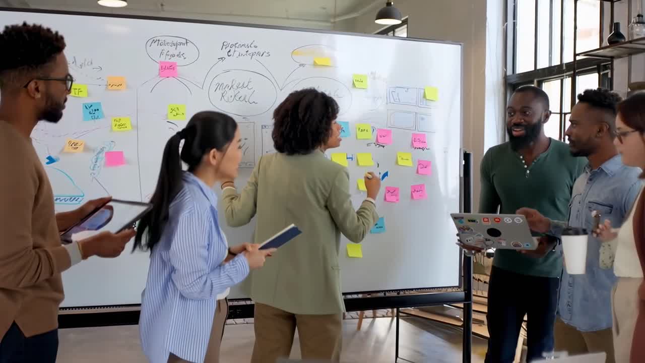 Team brainstorming at a whiteboard, video captures from a side angle, vibrant and collaborative