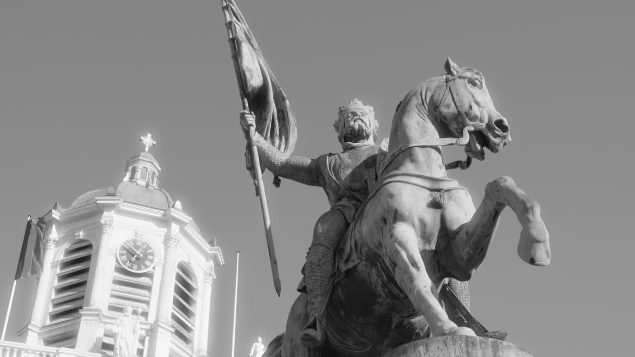 Black And White - Statue Of Godfrey Of Bouillon And Bell Tower Of Church Of St