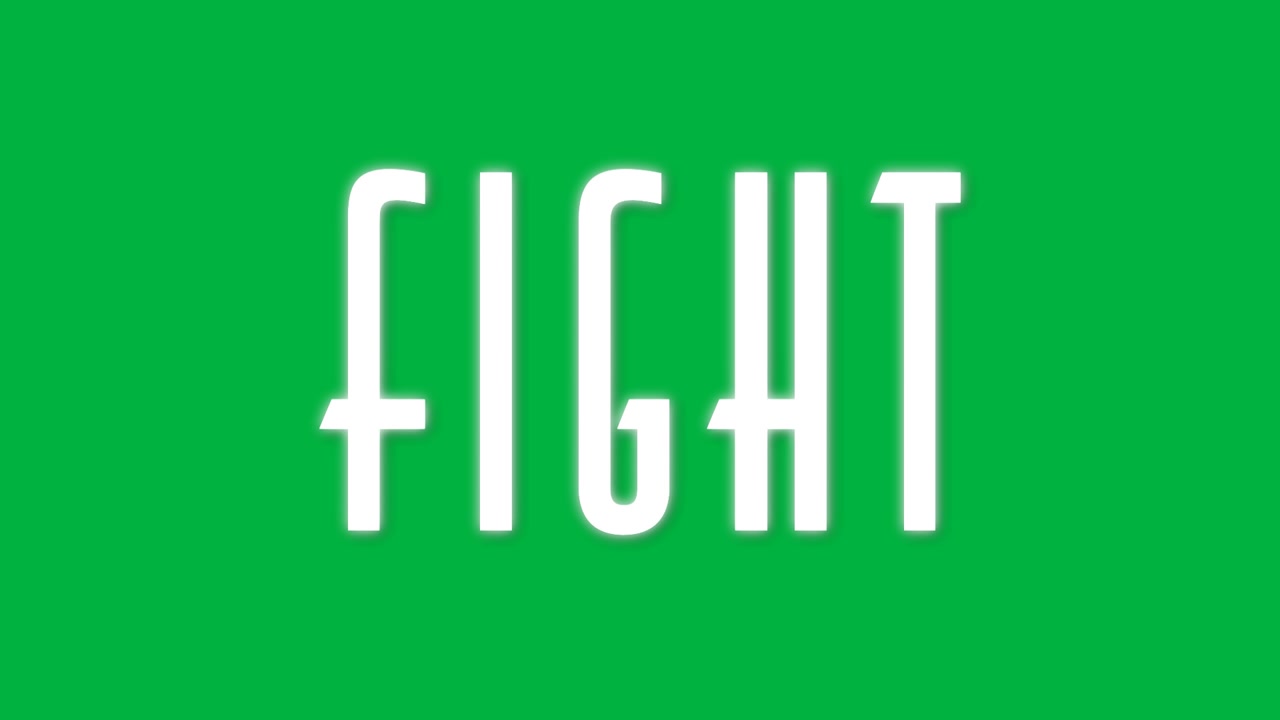 Animation of the word fight in white with grey outline and shadow on white background