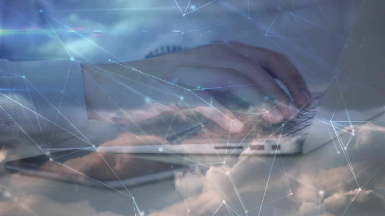 Network of connections over mid section of a person using laptop against clouds in the sky