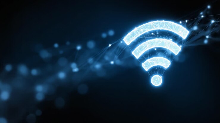 Una splendida visualizzazione di un'icona del segnale wireless raffigurata in uno stile digitale futuristico con linee luminose e nodi di connessione su uno sfondo scuro
