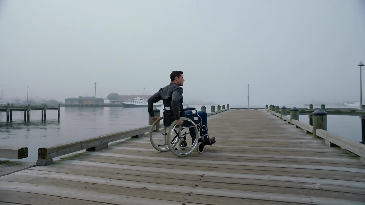 Turning head, steadying himself, man using manual wheelchair pushing along marina pier toward sea