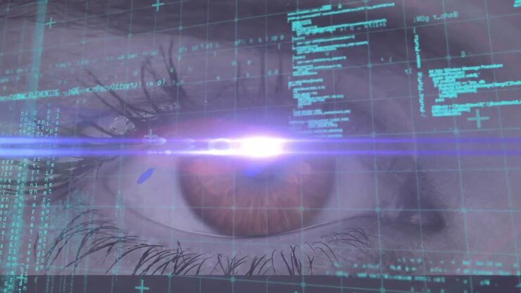 Animation of data processing over grid and woman's eye