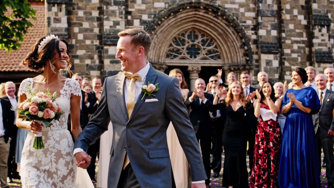A joyful wedding scene with a couple walking hand in hand, surrounded by guests