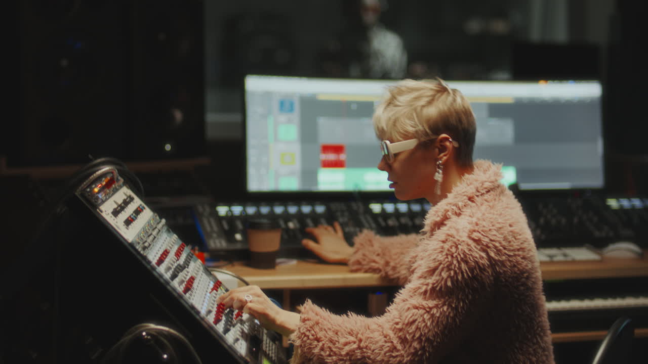 Black Singer Recording Album in Studio with Female Sound Producer