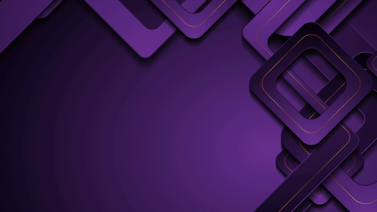 Dark violet and golden geometric motion background with abstract squares