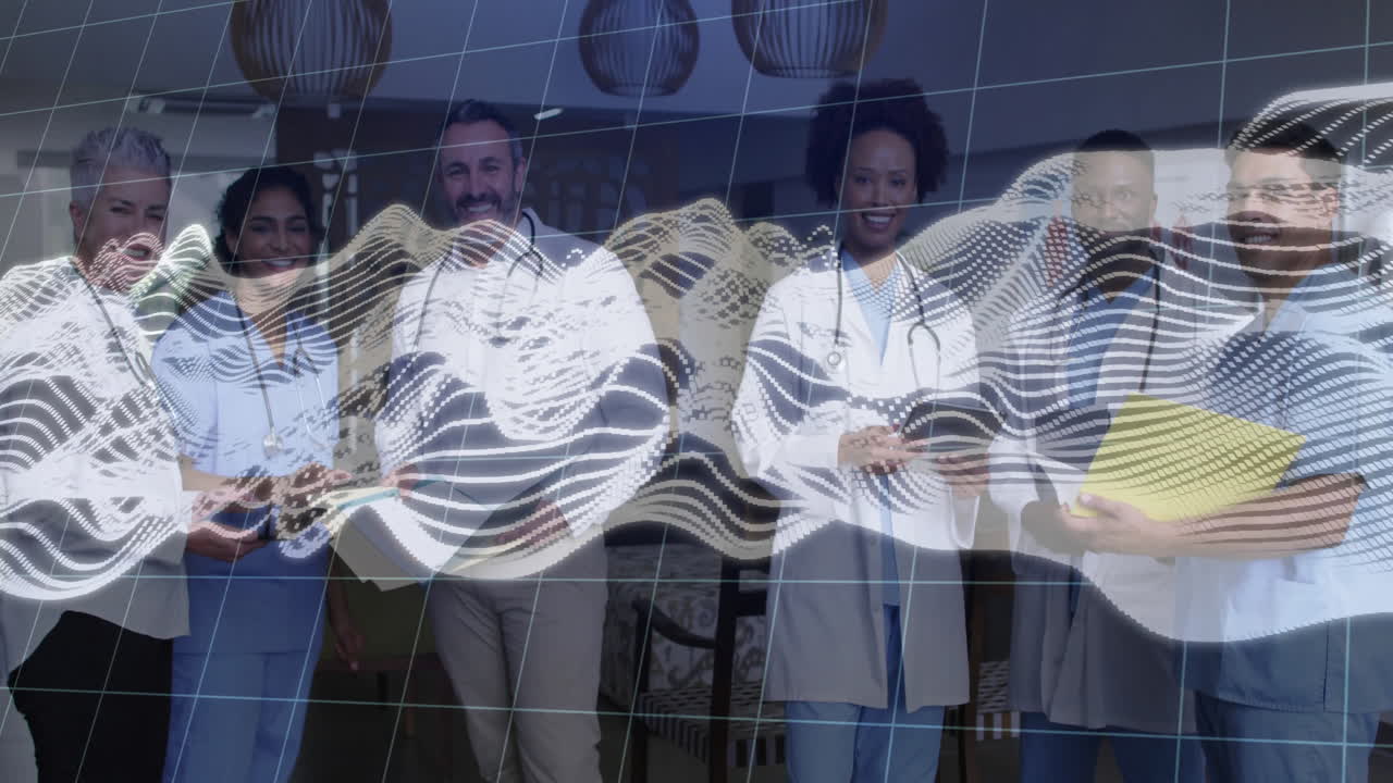 Smiling medical professionals with abstract wave animation overlay in hospital setting