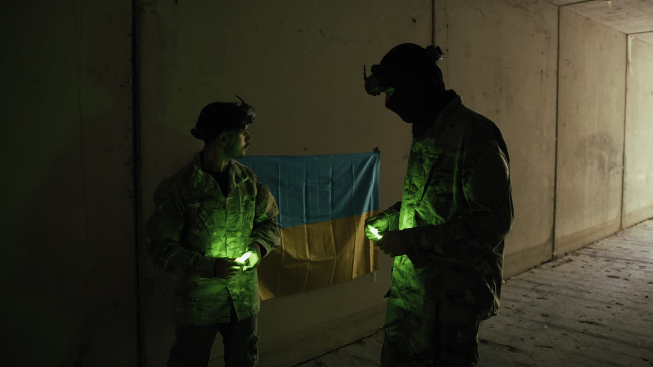 Ukrainian Military Turns On Chemical Lights in Secret Bunker in the Evening