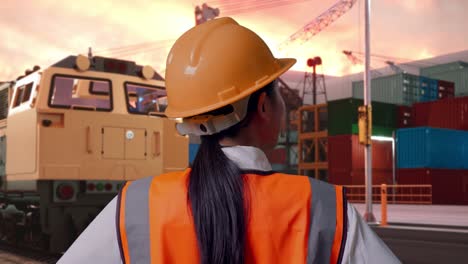 close up back view of a female engineer wearing safety helmet looking around while standing with arms akimbo with freight cargo train at port