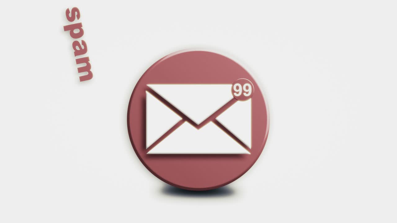 A looping 3D icon of a mail envelope with an animated red notification badge. This motion graphic represents incoming emails, alerts, and unread messages, including spam and junk mail