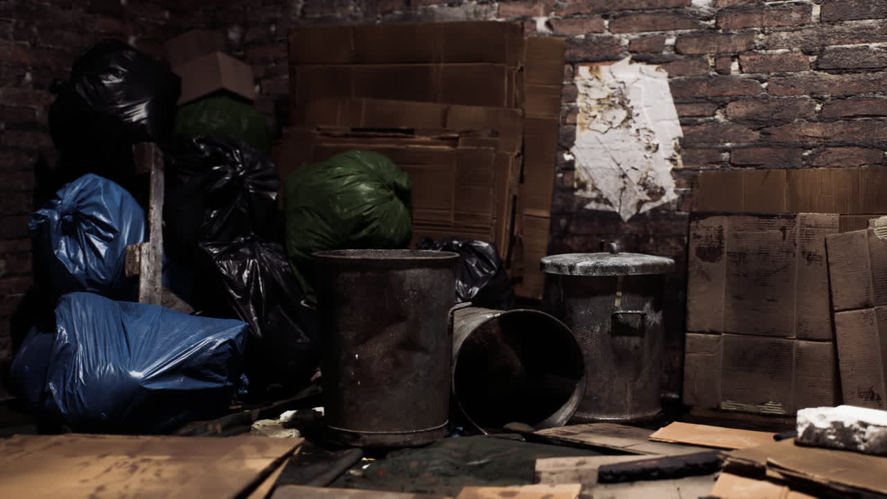 Cluttered storage room filled with waste and cardboard boxes during the day