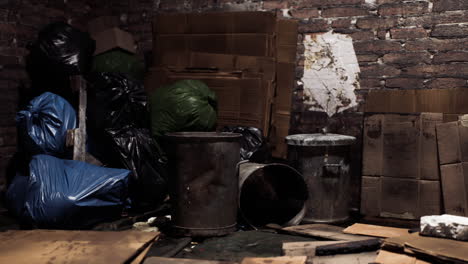 cluttered storage room filled with waste and cardboard boxes during the day
