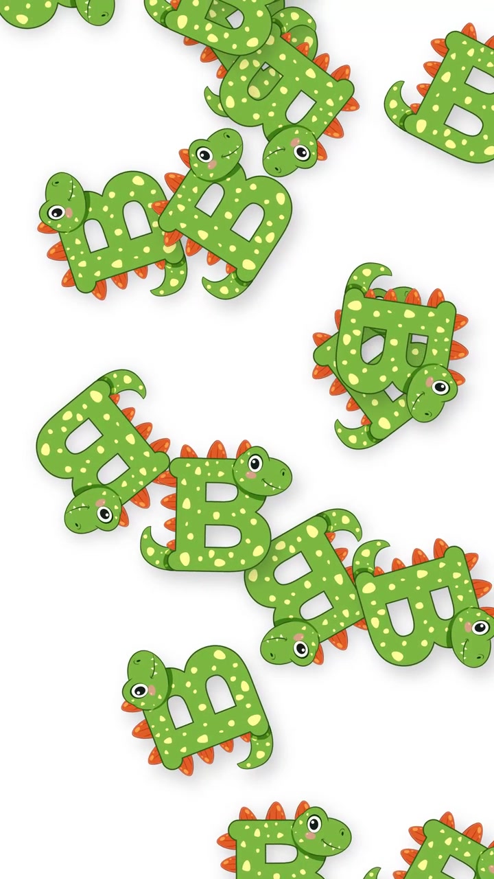 Tegneserie dinosaur-tema bogstav B-figurer falder lodret mod en ren hvid baggrund