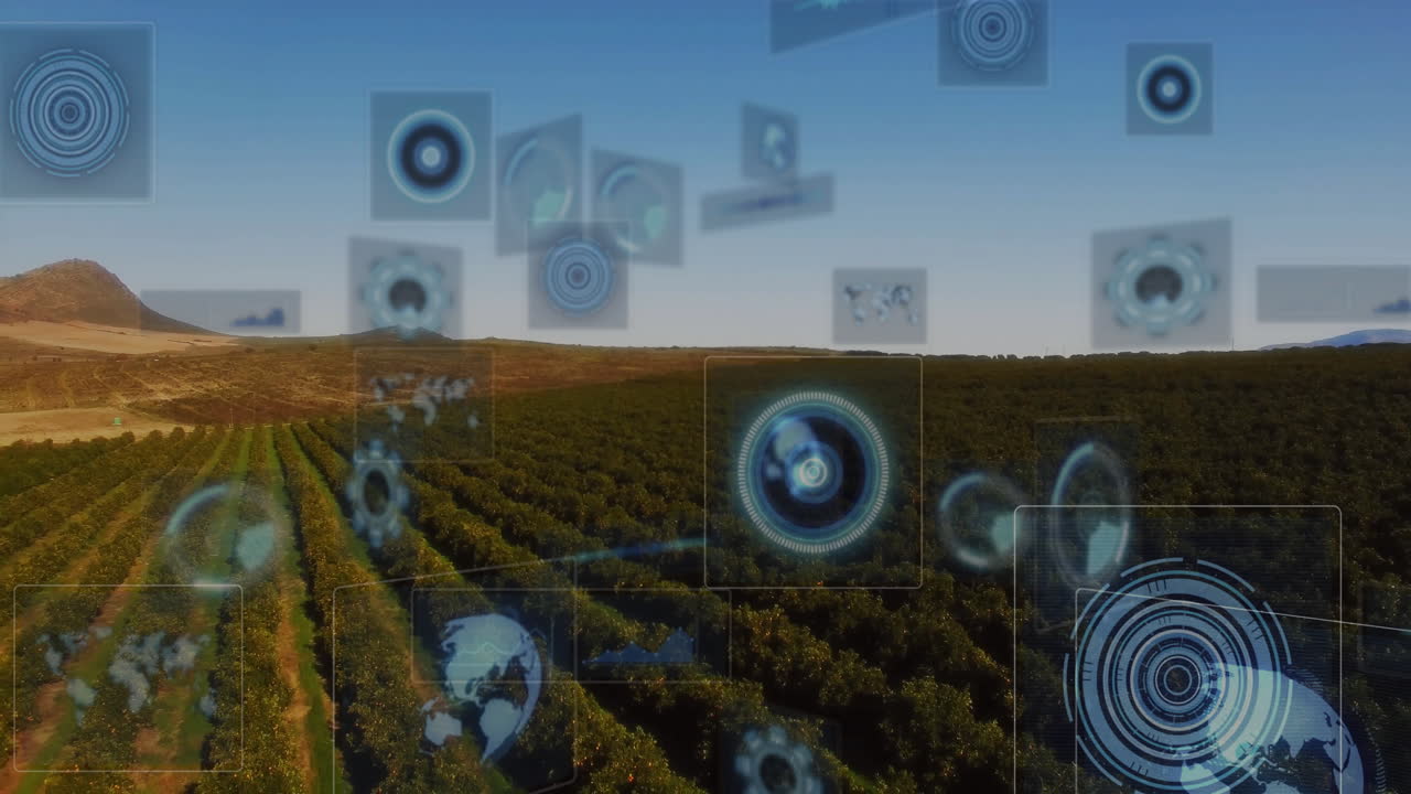 Digital data processing animation over aerial view of agricultural fields