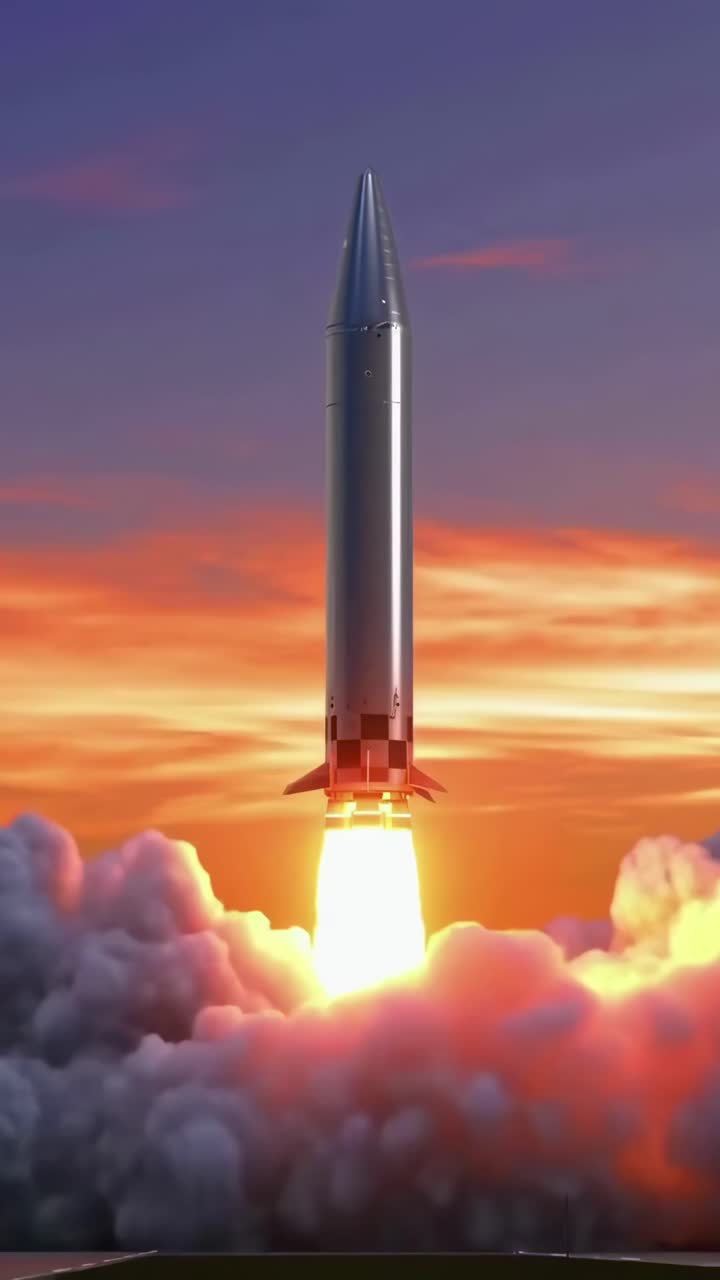 Dynamic video of a rocket launch at sunset, captured from a low angle, highlighting power